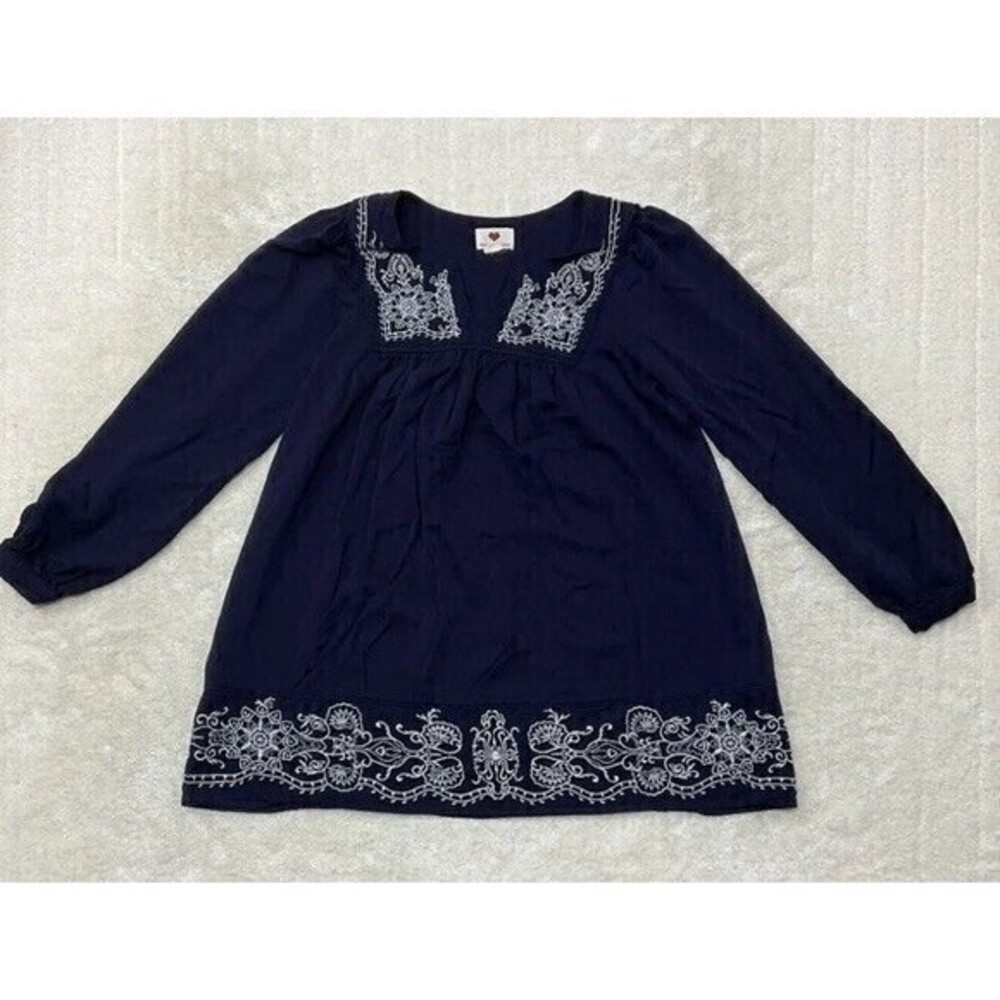 One Clothing Womens Size L Blue White Embroidered Long Sleeve Mini Dress/Tunic
